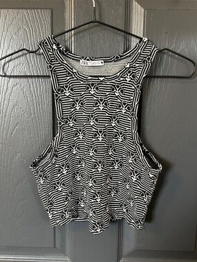 Zara Black And White Floral Print Crop Tank Top Halter Top